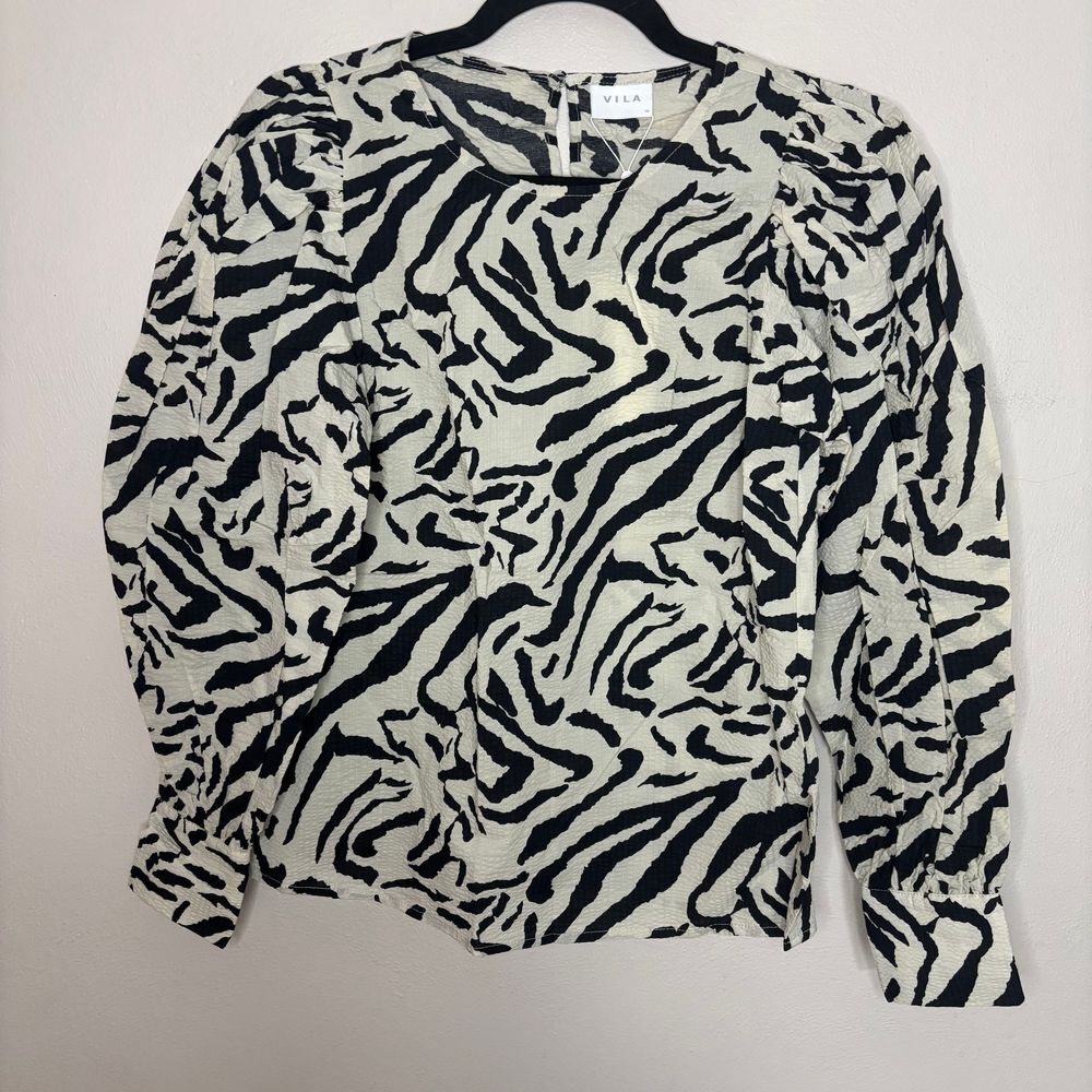 Vila Shirt Women's Small (EU 34) Neutral Zebra Print Vidalina Crinkle Blouse New